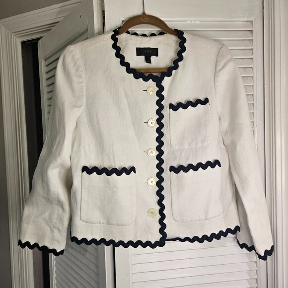 J. Crew Linen Lady Blazer Jacket White w Navy Rickrack Trim SZ 6 - Picture 13 of 13